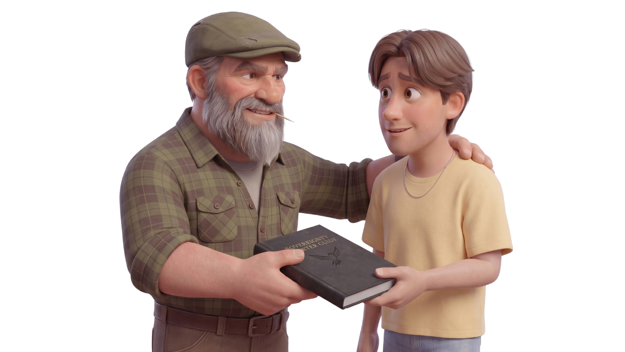 Character handing The Sovereignty Starter Guide to a younger man