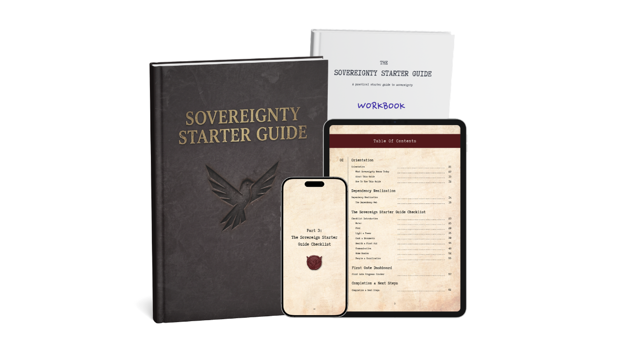 Mockup of The Sovereignty Starter Guide workbook, book, phone, and tablet